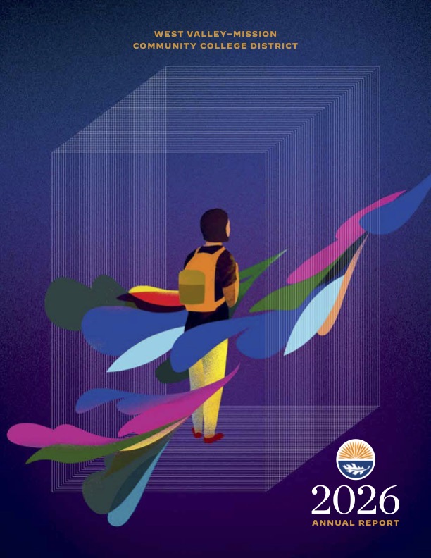 Illustration of a student with backpack stepping toward a transparent geometric cube, surrounded by flowing colorful shapes with the text West Valley0Mission Community College District 2026 Annual Report