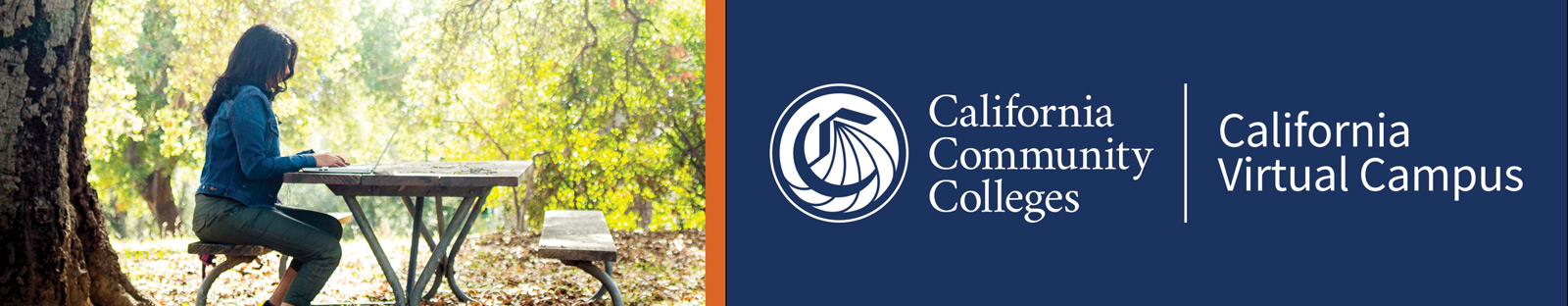 California Virtual Campus logo with student sitting undering tree