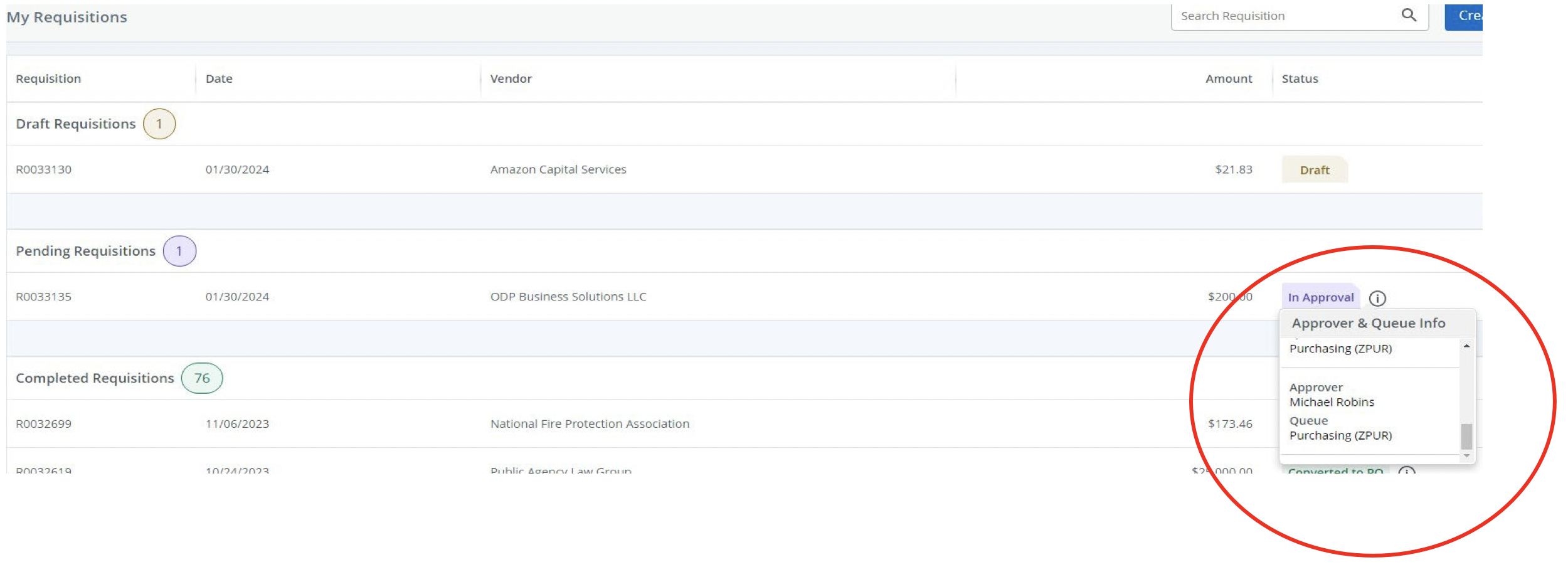 My Requsiitions summary: draft, pending, and completed
