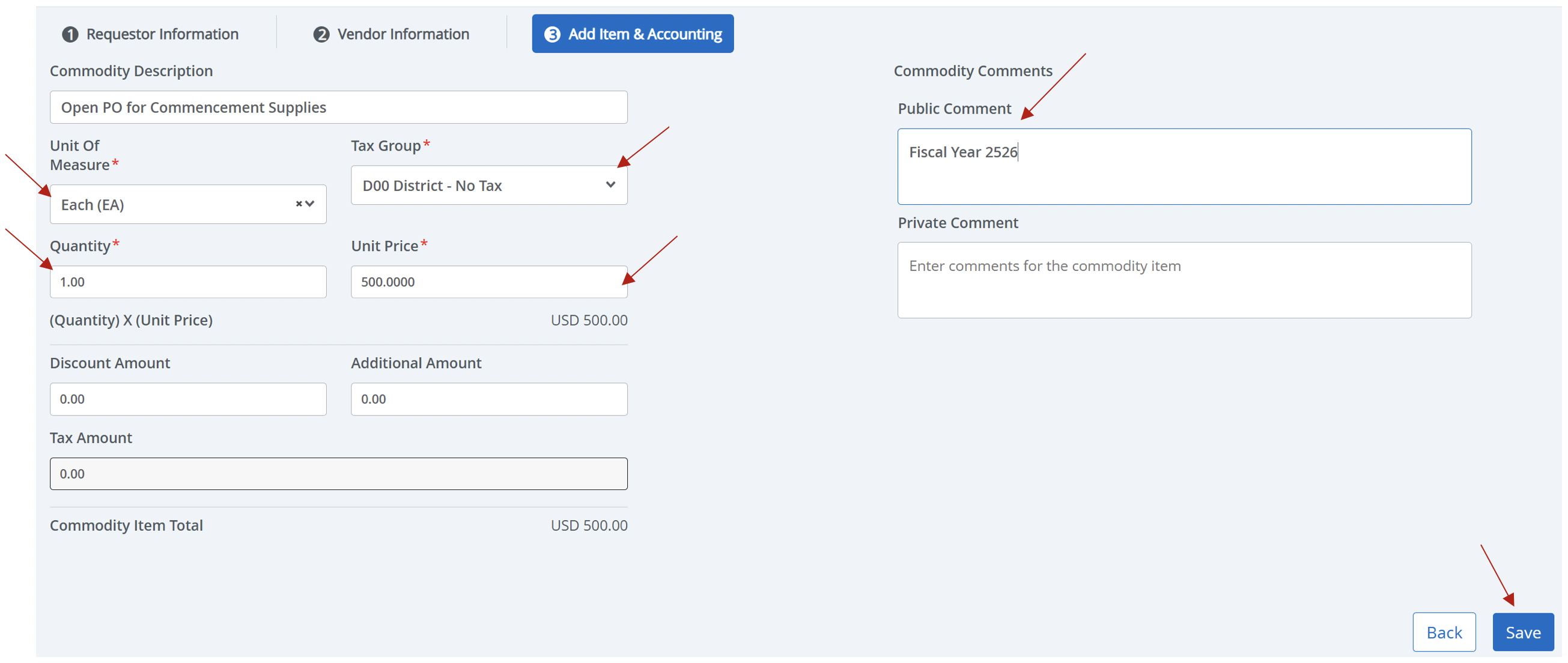 Add unit of measure, quantity, unit price, and public comment