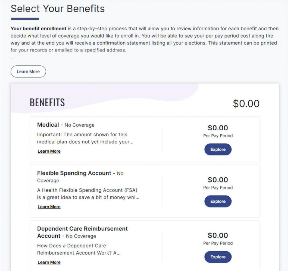 Select Your benefits screen