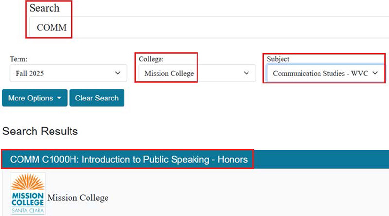 Screenshot of class search for COMM Screenshot of class search for COMM